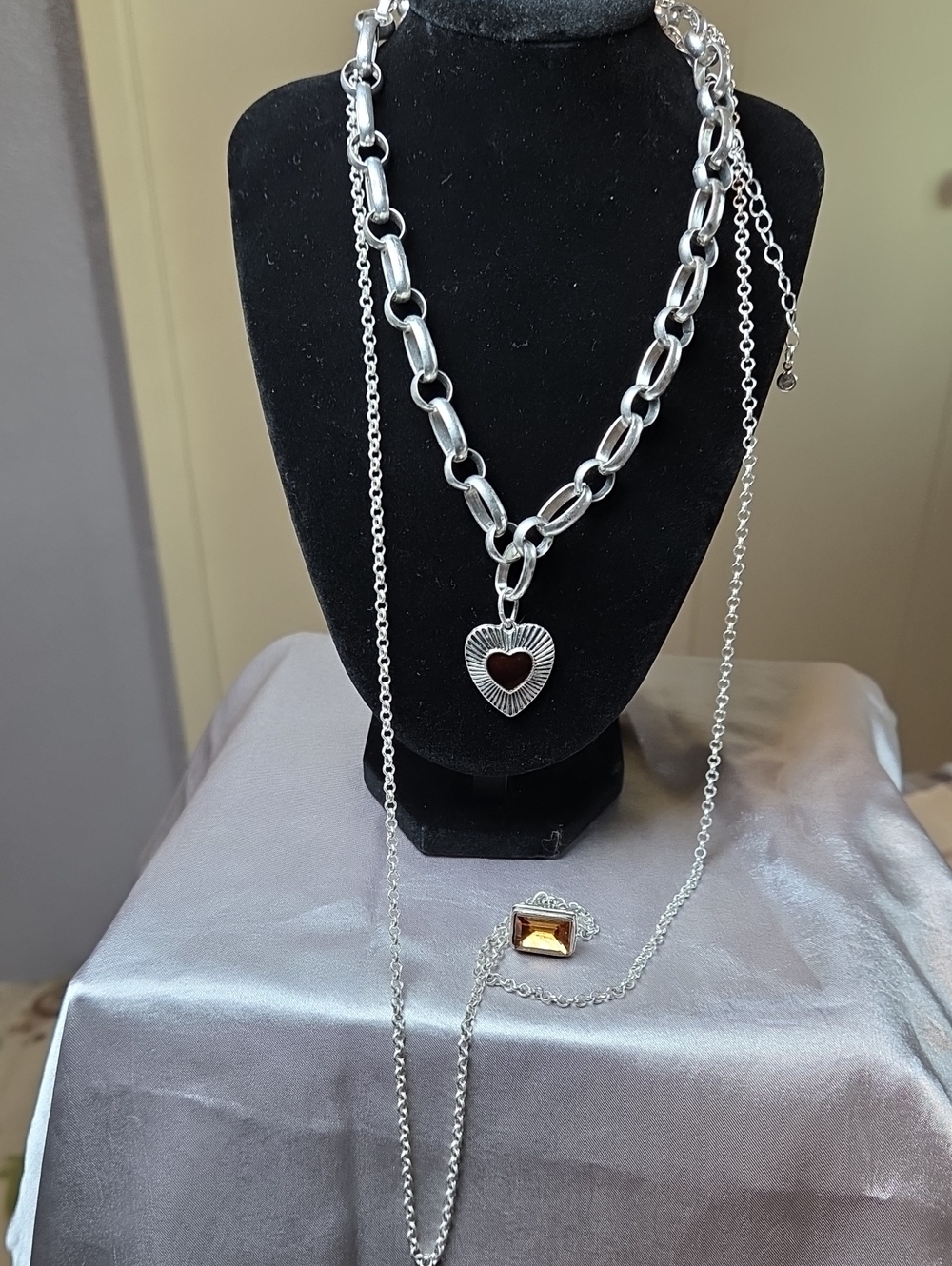 Free People Silver Heart Pendant Layered Link Necklace with Amber Accent